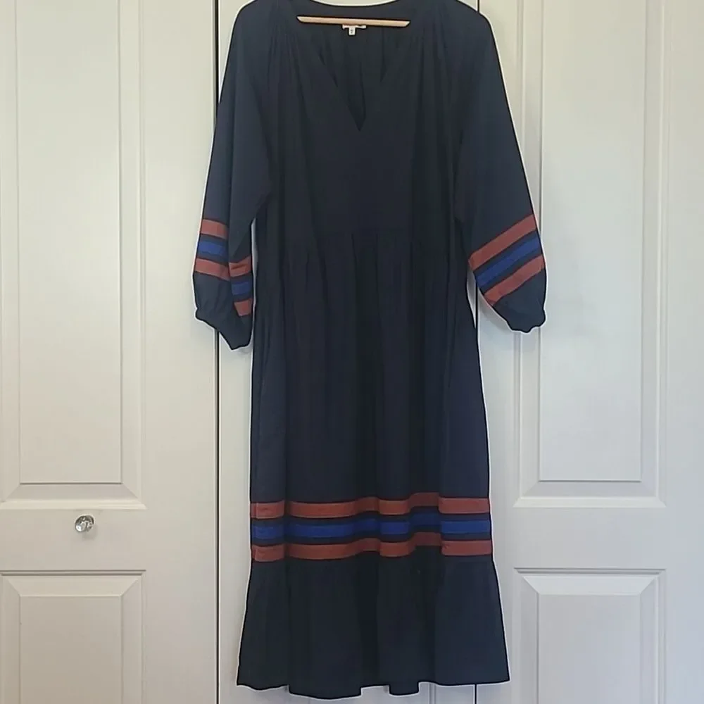 SUNDRY Tiered Midi Dress With Varsity Stripe In Blue Size 0 Or  XS - Picture 2 of 16
